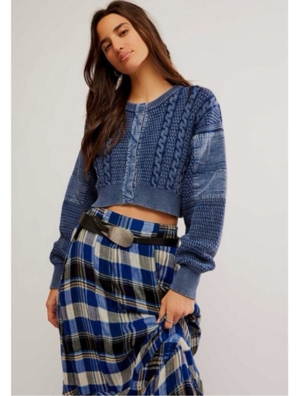 Free People Patchwork Chunky Cable Knit Heritage Cardi Cardigan Sweater Large